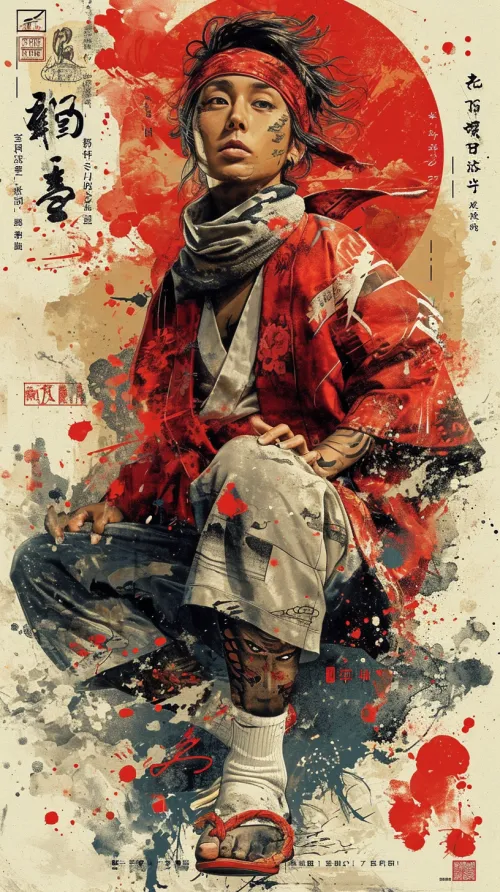 Imagen de un samurái moderno en un kimono rojo con tatuajes místicos