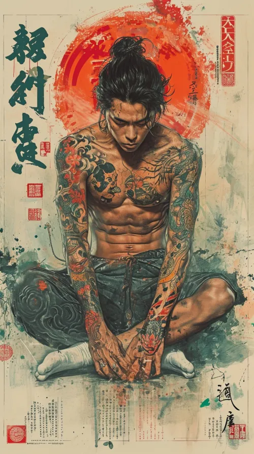 Portrait of a man with tattoos in a stylized Japanese manner