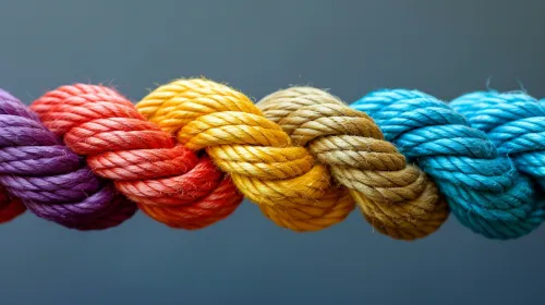 Cuerdas entrelazadas de varios colores sobre un fondo gris