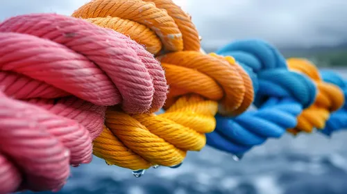 Imagen de cuerdas de colores entrelazadas, reflejando gotas de agua sobre un fondo