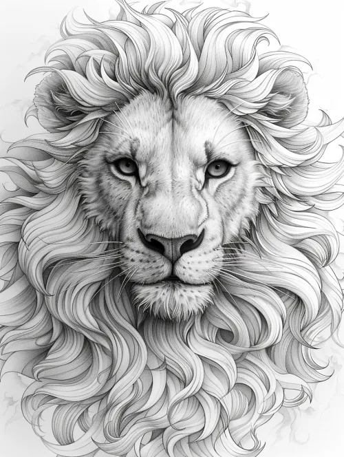 Detailed black-and-white drawing of a lion with expressive eyes and a long mane