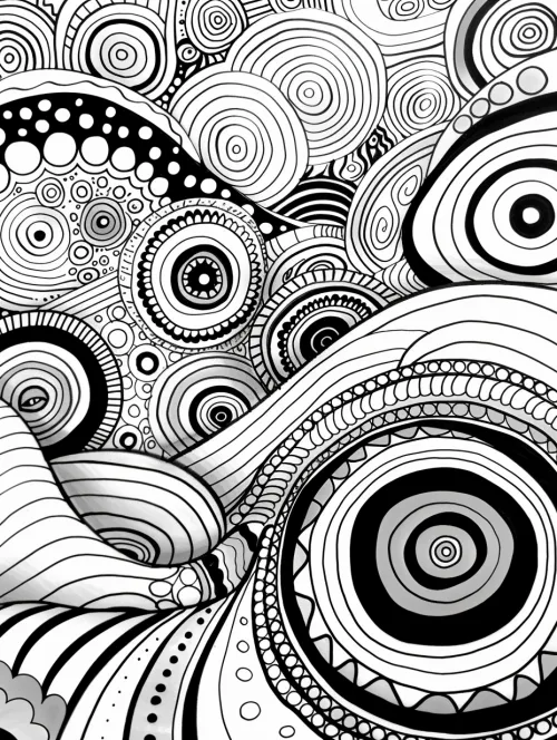 Black and white art filled with circles and wavy lines