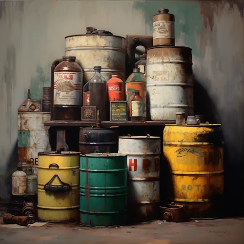 Collection of rusty barrels, cans, and containers against a wall