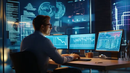 An analyst using multiple monitors to work with data