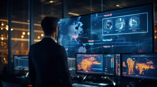 A man in a suit observes digital displays with analytics and maps