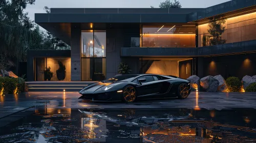 Elegante Lamborghini negra junto a un edificio moderno por la tarde