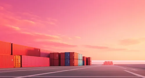 Containers against a bright sunset with pink clouds