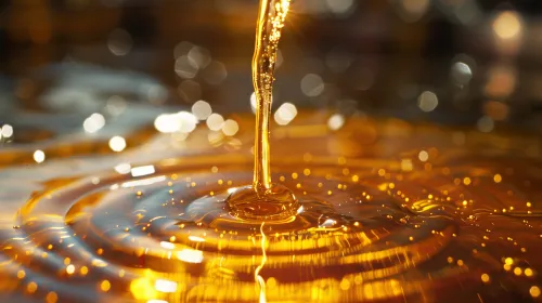 Shiny stream of honey falling onto a water surface