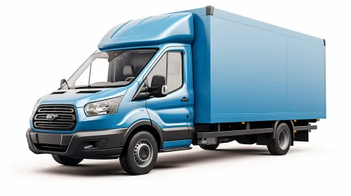 Camión azul con una gran cabina de carga y plataforma para transporte