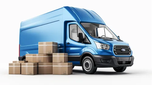 Синий грузовик Ford рядом с несколько коробками на белом фоне