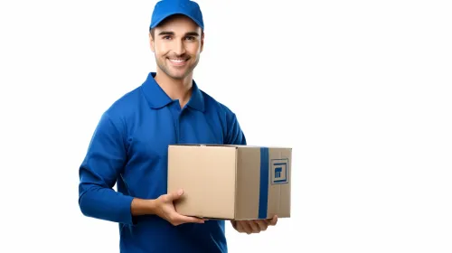 Happy courier in a blue suit with a box