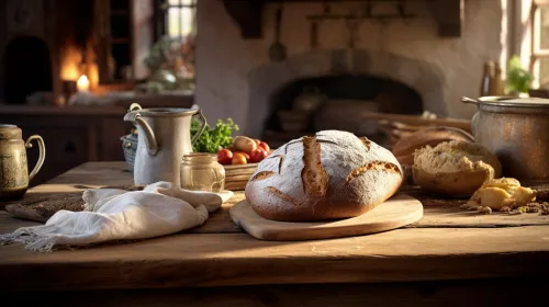 Fresh homemade bread and ingredients on a rustic kitchen table