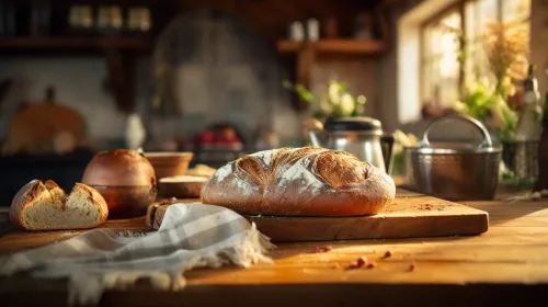 Pan casero recién horneado sobre la mesa de la cocina con decoración