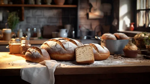 Atmospheric shot of fresh bread on a kitchen table with ingredients