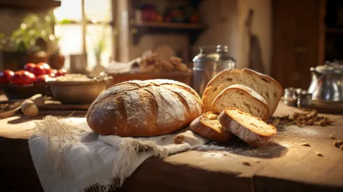 Freshly baked bread with sliced pieces and a variety of ingredients on a wooden table