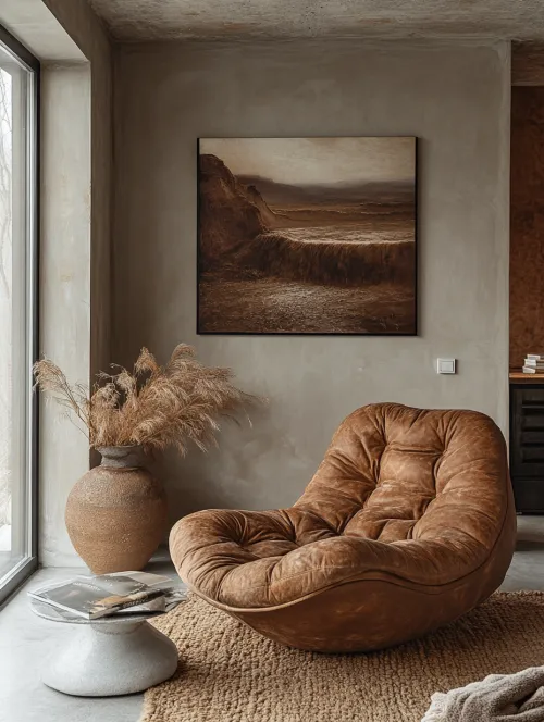 Scene with a modern armchair, decorative vase, and painting in a cozy room