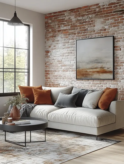 Spacious Living Room with Brick Wall and Cozy Sofa