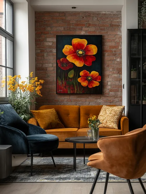 Flores brillantes en una pintura en la sala de estar con muebles modernos