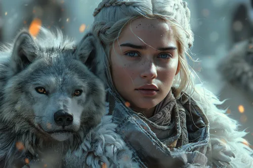 Retrato de una chica con un lobo blanco como la nieve frente a un paisaje invernal
