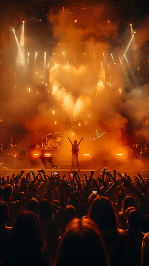 Moment of a live performance at a concert with smoke and fire effects