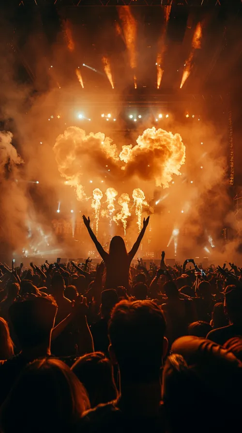Model in a crowd at a concert with fire and smoke in the background