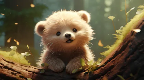 Tiny fluffy creature on a tree branch in the forest