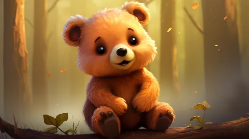 Charming bear cub sitting on a log among the forest with autumn leaves