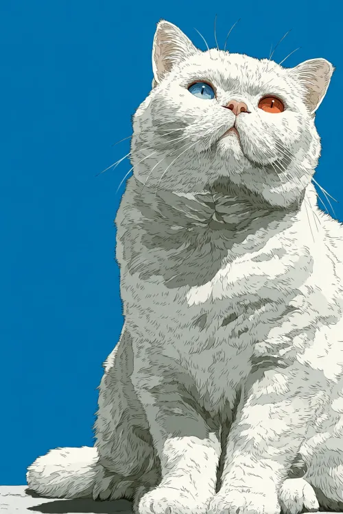 Image of a white cat with one blue and one orange eye, looking up