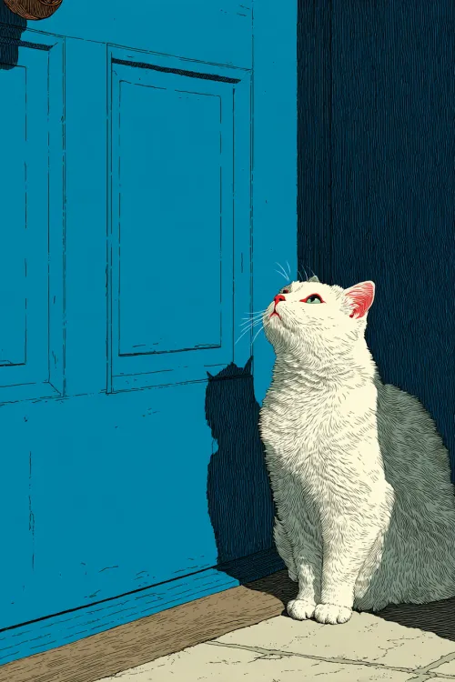 Cat sitting next to a door against a bright blue wall