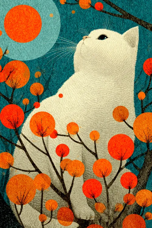 Image of a cat against the backdrop of autumn trees and a bright sun
