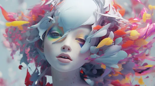 Illustration of an unusual portrait with colorful elements in the hairstyle