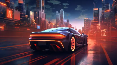 Coche deportivo con luces brillantes frente a una ciudad nocturna