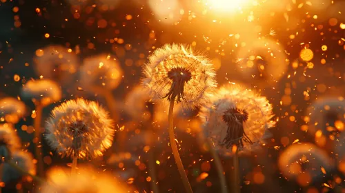 Diente de león iluminados por la luz del atardecer, con brillantes partículas en el aire