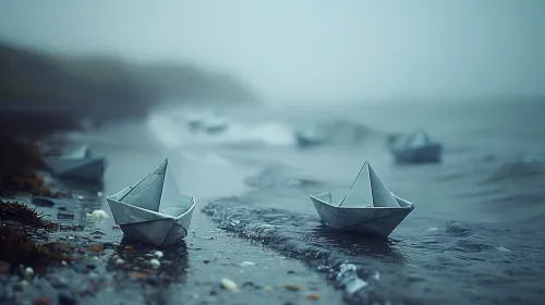 Small paper boats in a misty coastal landscape