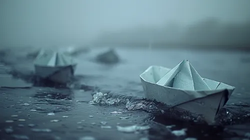 Paper boats gliding on a serene surface in a misty setting