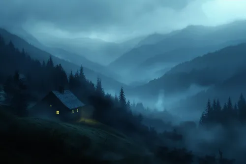 Silhouette of a house in a forest against the backdrop of mountains and fog