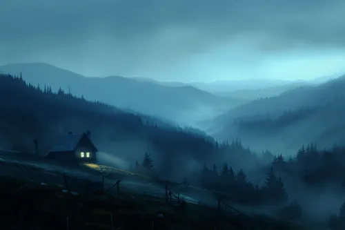 Secluded House in the Mountains Surrounded by Mist and Forest