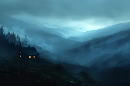 Beautiful mountain cabin against a backdrop of fog and forest