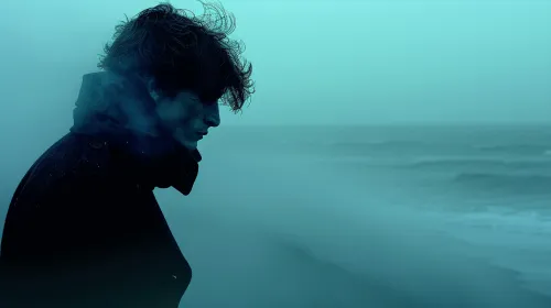 Silhouette of a man against the waves and fog by the sea