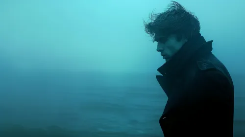 Silhouette of a man in a dark coat against the backdrop of a foggy ocean