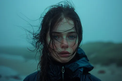 Intense portrait of a girl with wet hair against a misty landscape