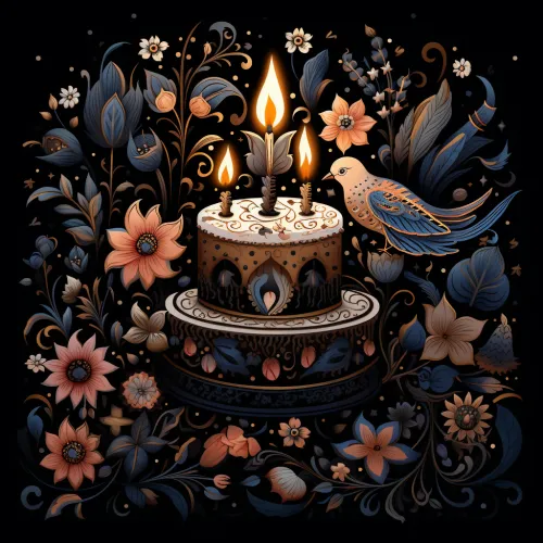 Ilustración de una tarta con flores y velas encendidas de fondo
