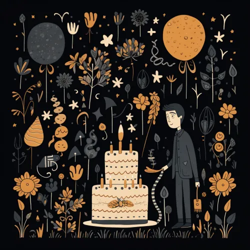 Person by a cake against a backdrop of floral and planetary motifs