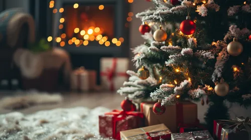 Decorated Christmas tree and gifts by a glowing fireplace