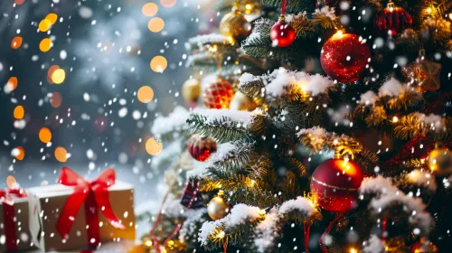 Árbol de Navidad decorado con adornos y luces, con nieve en las ramas