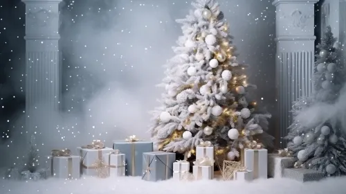 Snowy Christmas tree and gifts in a cozy winter setting