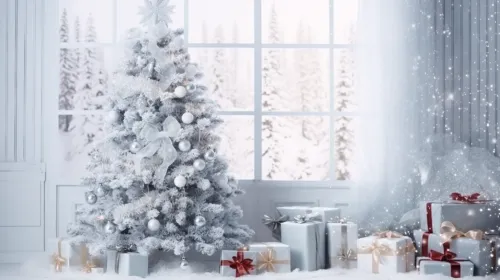 Árbol de Navidad decorado rodeado de regalos y paisaje invernal