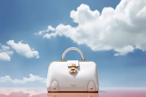 Moderna bolsa blanca con acentos dorados frente a un cielo azul con nubes