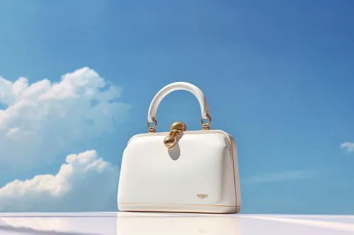 Bolso blanco elegante con detalles dorados contra un cielo brillante