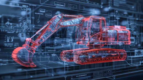 3D illustration of an excavator with technological schematics